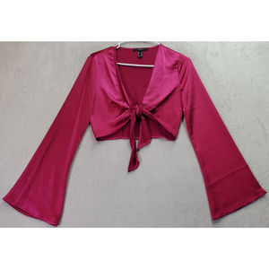 FOREVER 21 Satin Top Womens XS Magenta Polyester‎ Bell Sleeve V Neck Drawstring